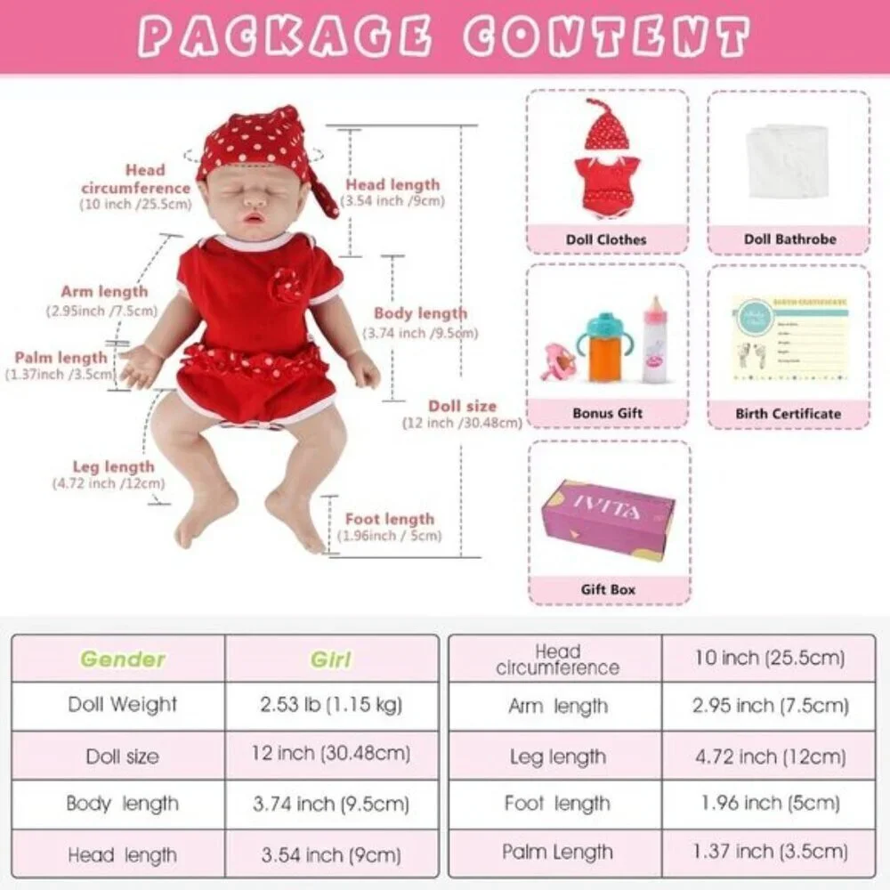 Full Platinum Silicone Baby Doll Girl 12 inch Red White Eye Closed Newborn Baby